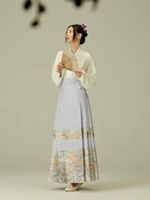 Falda larga magnífica para mujer de traje tradicional chino con diseño de tejido jacquard de patrón de cara de caballo y edificio de paisaje - Celeste - Ver 1