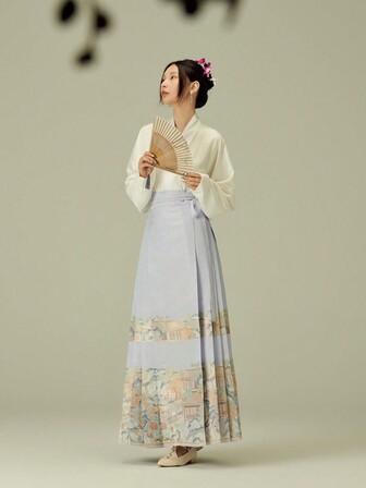 Chinese Traditional Costume Lady's Magnificent Long Skirt With Horse Face Pattern And Landscape Building Jacquard Weave Design