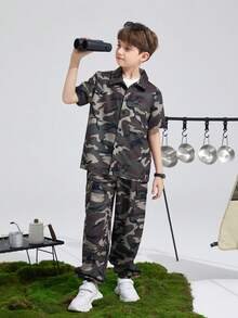 SHEIN 3pcs/Set Tween Boys' Loose Round Neck T-Shirt, Camo Shirt And Elastic Hem Long Pants Set - Army Green - View 2