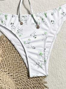 SHEIN Swim Conjunto de bikini de 2 piezas para mujer con diseño de corbata frontal y estampado floral para vacaciones de verano - Multicolor - Ver 4