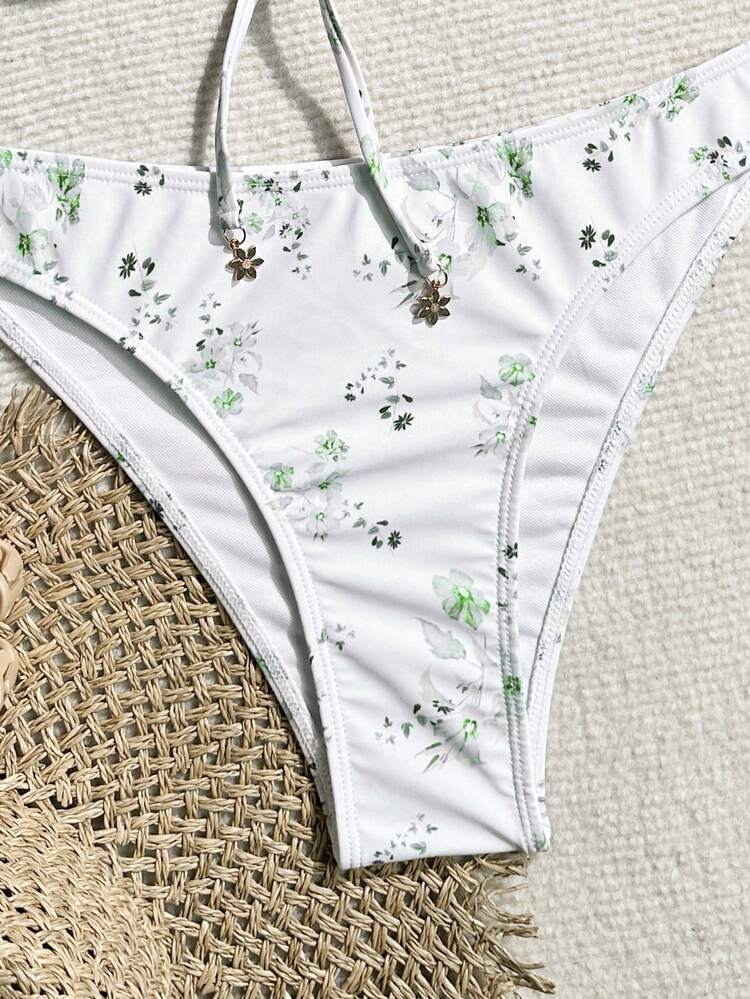 Summer Women Vacation Floral Printed Bikini Set With Front Tie Design, Two Pieces