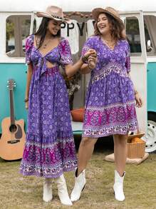 Rusttydustty Women's Purple Floral Print V-Neck Short Sleeve Short Dress Boho Easter Beach Outfits Hawaii Music Festival Tropical Vacation - Multicolor - View 6