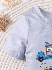 Bé Trai Dễ Thương In Hình Xe Ô Tô Cổ Tròn Tay Ngắn Và Quần Short Bộ Homewear Vừa Vặn, Mùa Hè - Xám - Xem 3