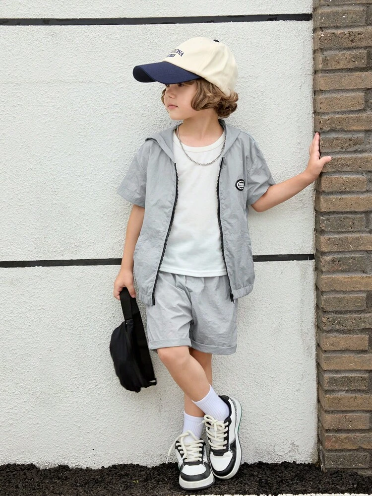 2pcs Young Boy Quick Dry Fabric Hooded Jacket & Shorts Set, Suitable For Summer Play