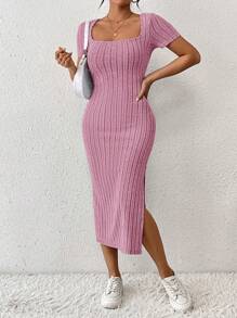 SHEIN Frenchy Vestido feminino de manga curta com decote quadrado de cor sólida, com nervuras e fenda na barra, para o verão - Pink - Visão 6