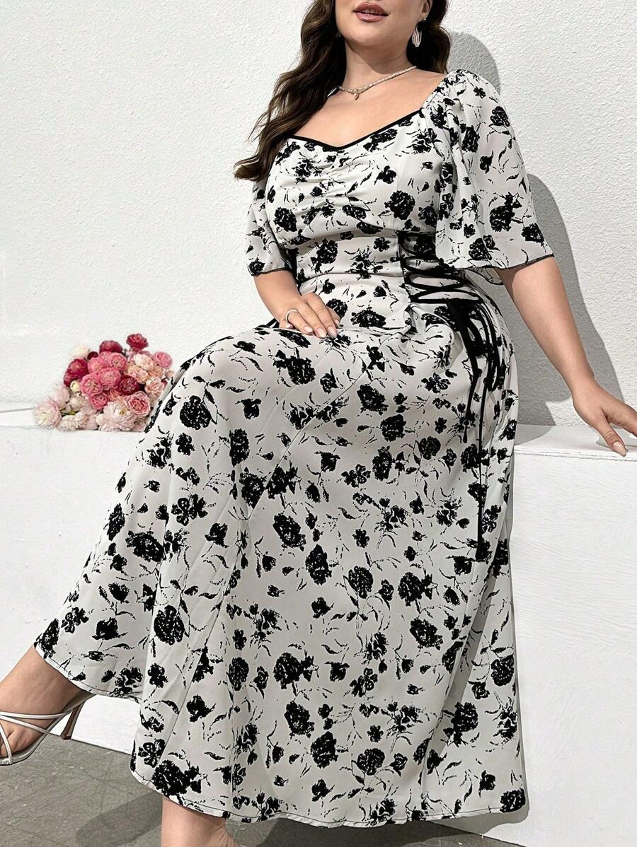 Modelyn Plus Size Women Boho Printed Dress With Random Plant Prints Women Outfit Long Evening Dresses, For Summer - White - View 1