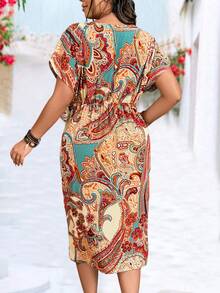 SHEIN Holidaya 休閒大尺碼女性植物印花蝙蝠短袖打結鬆身連衣裙，適用於假期 - 彩色 - 查看 2