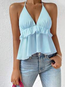 Blusa de verano para mujer de unicolor con escote en V profundo, volantes y espalda descubierta - Celeste - Ver 4