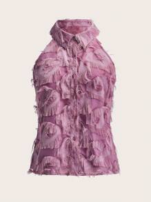 SHEIN Privé Solid Button Front Sleeveless  Fuzzy Shirt - Purple - View 1