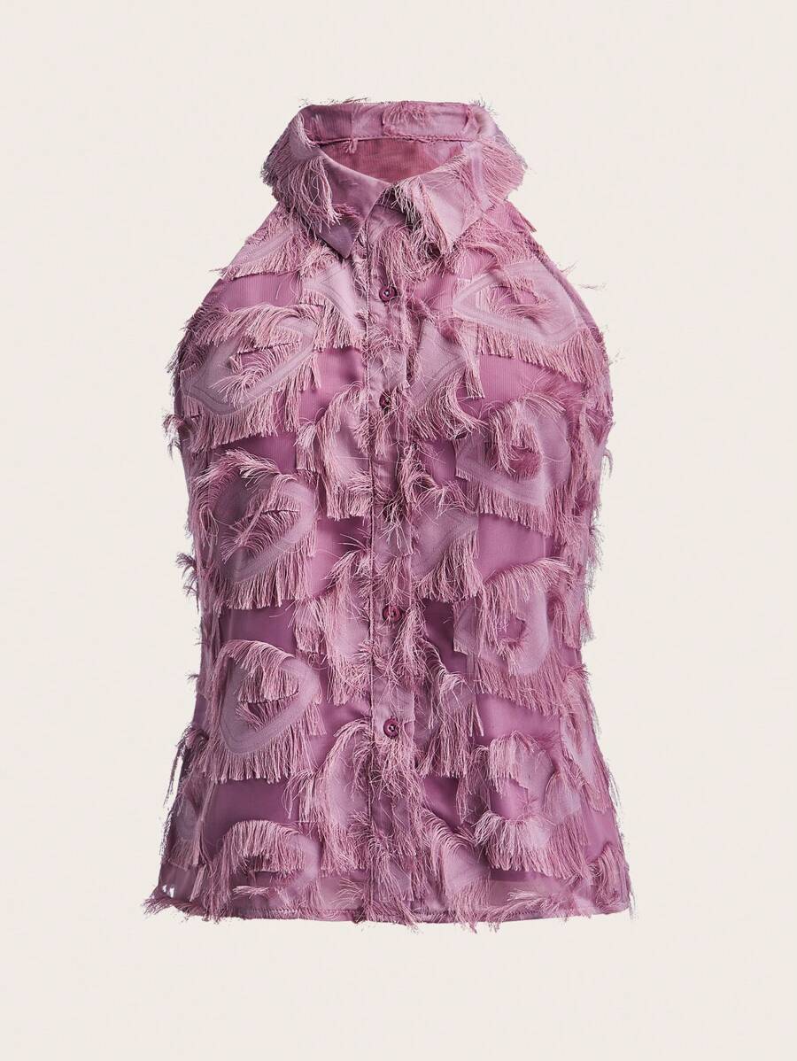 SHEIN Privé Solid Button Front Sleeveless Fuzzy Shirt - Purple - View 1