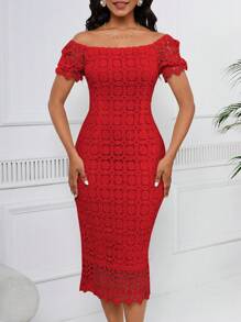 SHEIN Lady Váy cưới ren bó màu trơn cho khách dự tiệc cưới - Đỏ - Xem 6