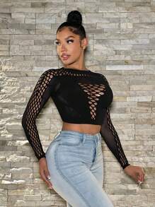 SHEIN SXY Fishing Net Segmentation Women's Solid Color Hollow Out Casual Long Sleeve Top - Black - View 4