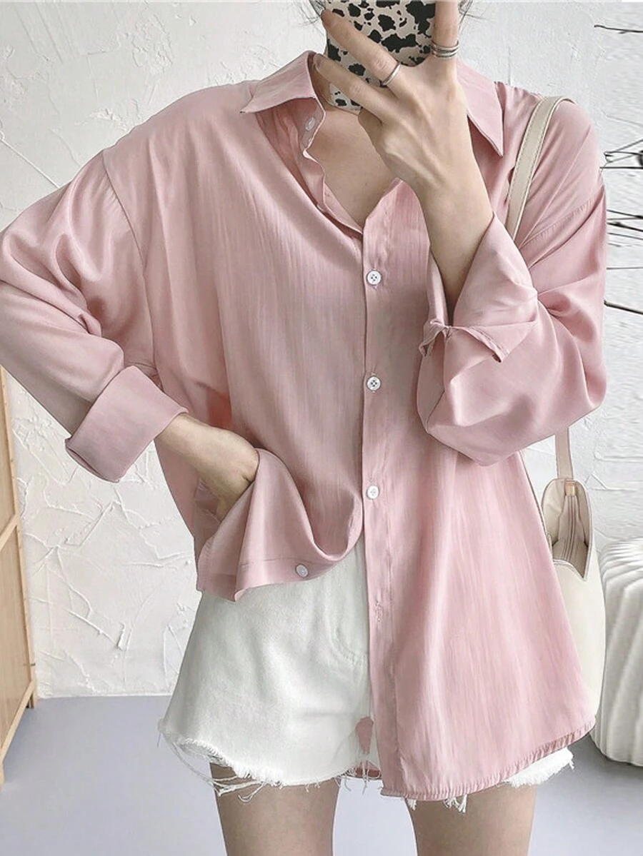女式纯色简约长袖休闲衬衫 - 粉色 - 查看 1