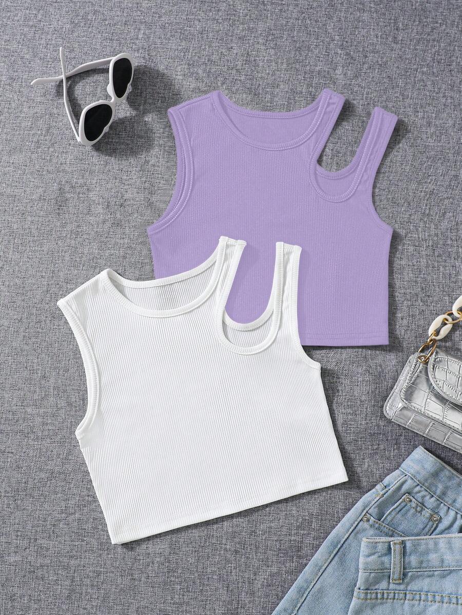 SHEIN Camiseta sin mangas acanalada de cuello asimétrico de unicolor para niña preadolescente, ideal para verano casual - Multicolor - Ver 1