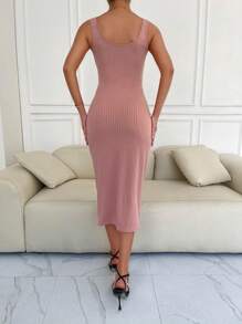 Vestido de tirantes finos con diseño de botones y bajo dividido de unicolor, elegante rosa para primavera/verano - Rosa - Ver 2