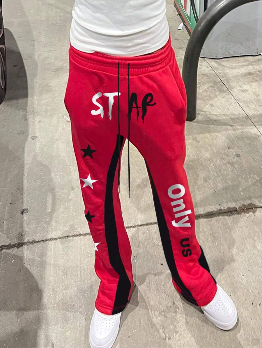 Manfinity EMRG Men's Fashion Loose Fit Long Sports Pants With Printed Design Stack Joggers Letter Color Block Urban Rapper - Multicolor - View 1
