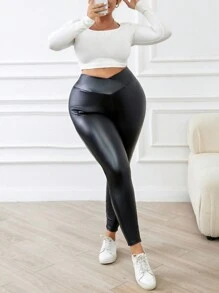 SHEIN Frenchy Leggings casual con vita a V per taglie forti delle donne - nero - Visualizzare 5