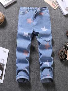 SHEIN Tween Boy Outdoor Casual Distressed Jeans With Washed Star Pattern