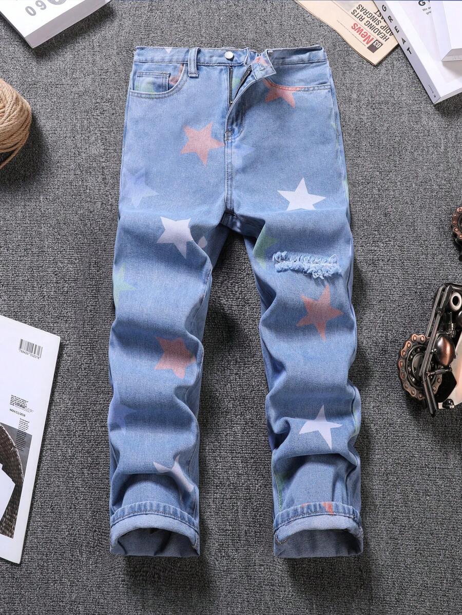 SHEIN Tween Boy Outdoor Casual Distressed Jeans With Washed Star Pattern