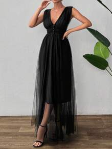 EURMUSE Mesh Gathering Style Top With Dye To Match Plastic Buttons, Maxi Dress With Lining - Black - View 3