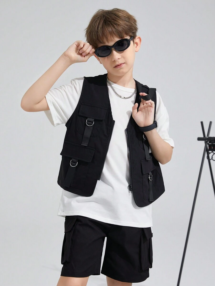 SHEIN Leap Crew Tween Boy 1pc Flap Pocket Zipper Vest Jacket,In Fall/Winter - Black - View 1
