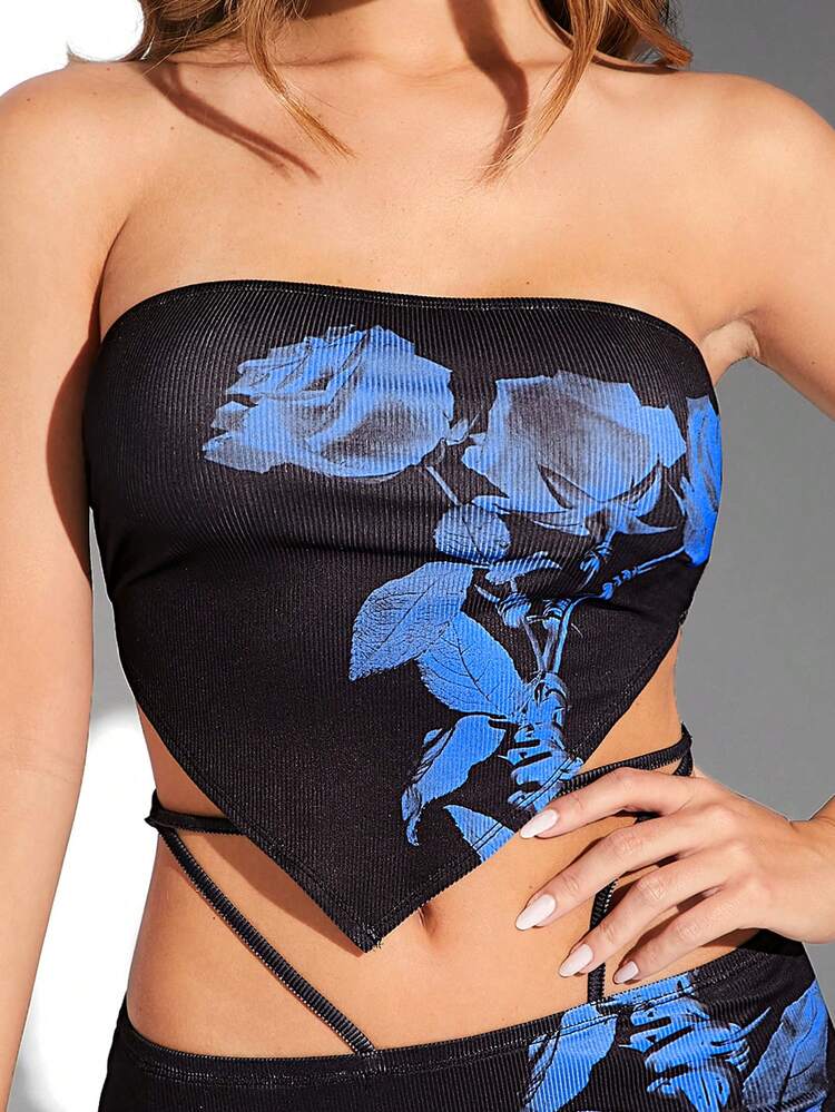 Floral Bandana Hem Tie Tube Crop Top Summer Set