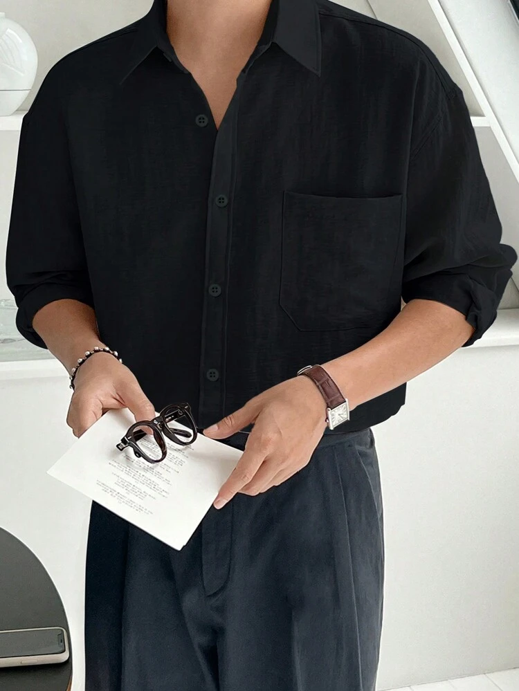 Men's Spring/Summer Solid Color Drop-Shoulder Long Sleeve Casual Shirt, Fall