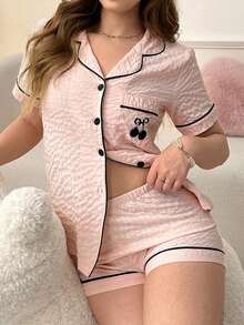 女性時尚短袖襯衫和短褲睡衣套裝 - 粉色 - 查看 5