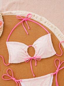 SHEIN Swim Bộ bikini dây yếm màu tương phản gợi cảm cho kỳ nghỉ hè của phụ nữ - Màu Hồng baby - Xem 6