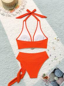 Swim Vcay Bộ Bikini Màu Trơn Cho Nữ Có Kết Nối Tròn Và Cà Vạt Cổ, Bộ Bikini Gợi Cảm, Bãi Biển Mùa Hè - Màu Cam cháy - Xem 4