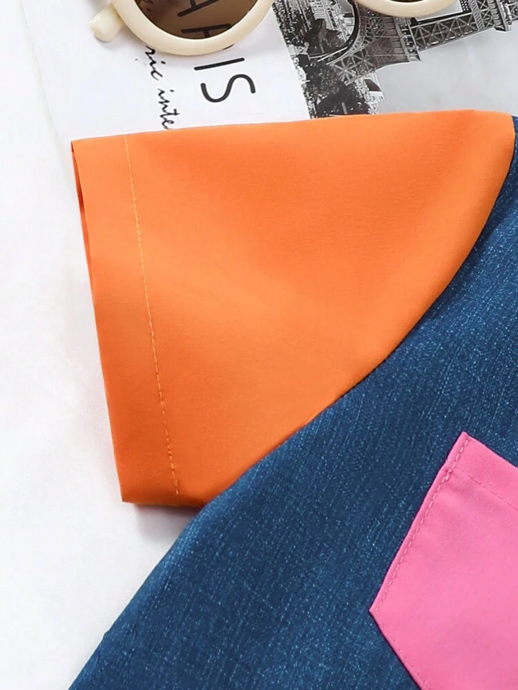 Street Style Cargo Style Baby Girls' Set, Color Block Short Sleeve Shirt And Shorts, Cute And Casual, For Summer