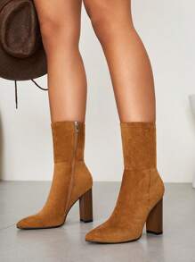 CUCCOO BIZCHIC 純色簡潔優雅風格粗跟尖頭踝靴度假鞋夏季特賣 - 棕色 - 查看 6