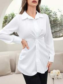 Seusyu Women's Spring/Summer Solid Color Casual Shirt With Waist Pleats And Buttoned Hem