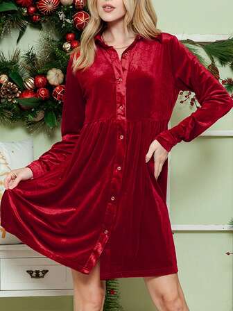Long Sleeve Ruffle Velvet Button Up  Shirt Neck High Waist Patchwork Dress