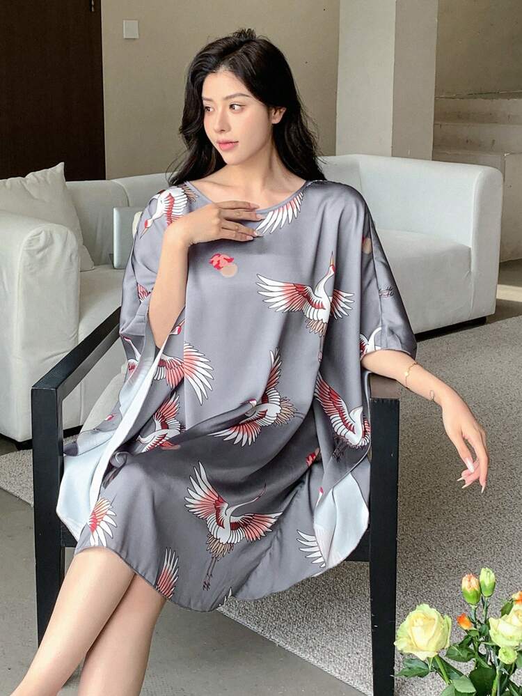 Chinese Style Crane Print Loose Round Neck Sleep Dress Pajama