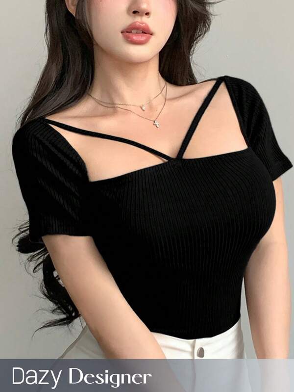 Dazy Designer Women Solid Color Asymmetrical Wrap Top With Design Detail Summer