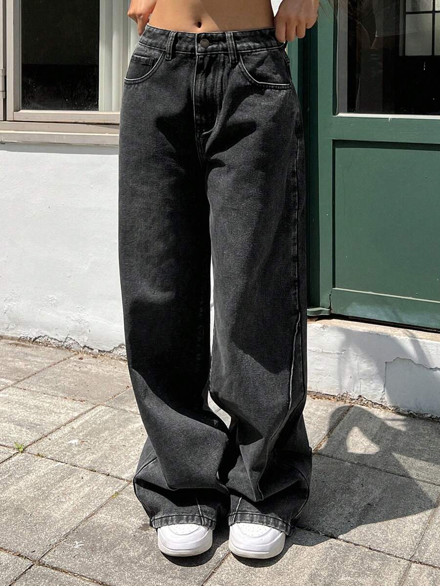 DAZY Women Casual Everyday Denim Wide Leg Pants With Pockets For Travel,Baggy Jeans - Dark Grey - View 1