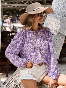 SHEIN Frenchy 夏季服裝海灘女性花卉印花鈕扣前衣，Bridgerton風格 - 彩色 - 查看 3