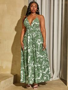 SHEIN SXY Vestido de talla grande con estampado de plantas al azar y cuello halter con lazo