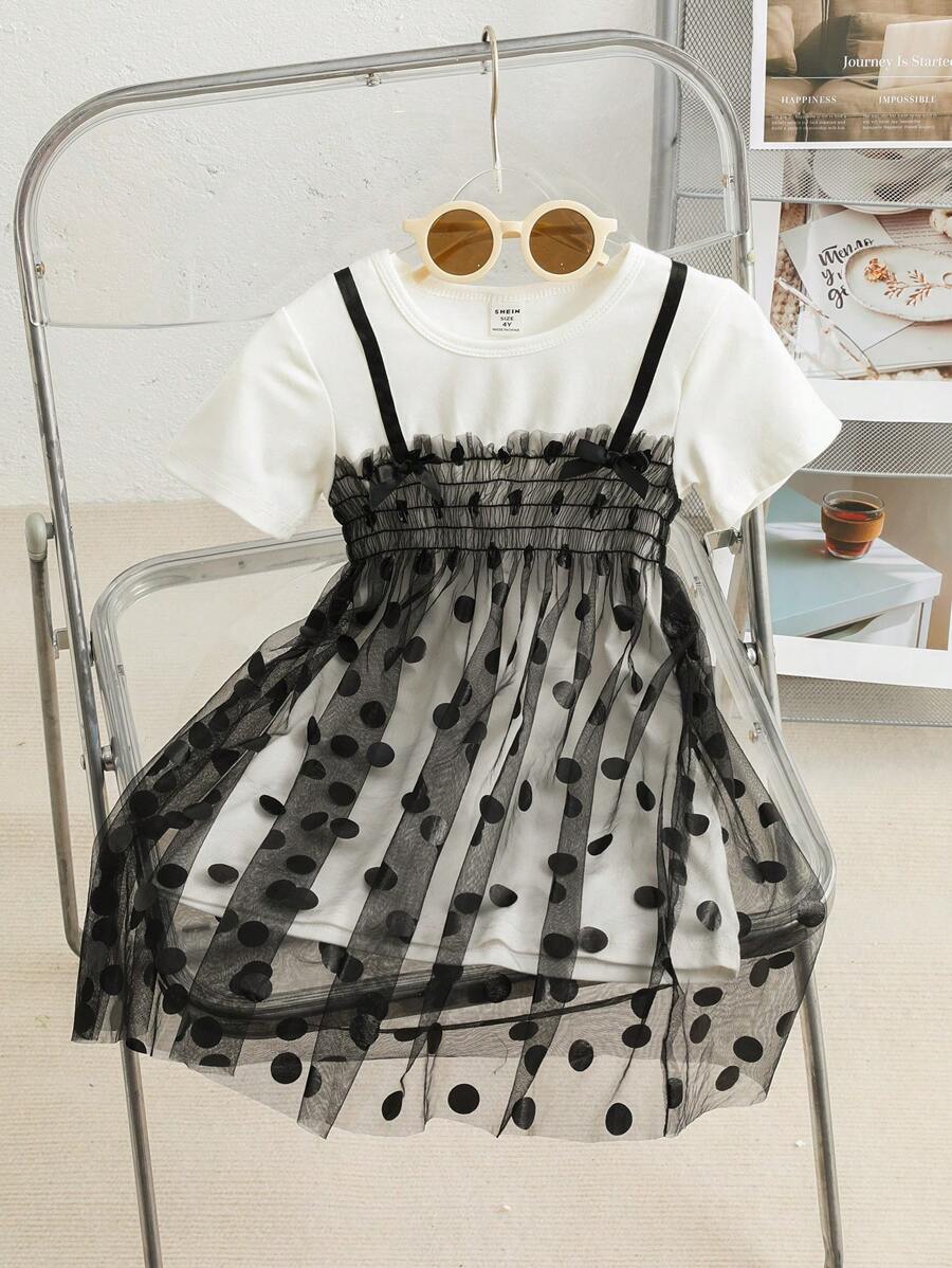SHEIN 少女時尚波點網紗服飾連身裙，綁帶細節，休閒風格 - 彩色 - 查看 1