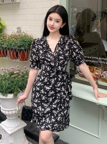 DAZY Women Short Floral Wrap Summer Dress Sundress Vacation Outfits Women Easter - Black - View 3