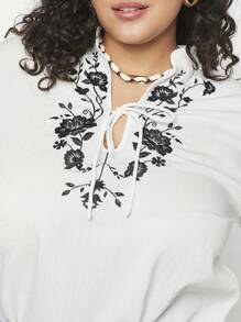 Forever 21 大尺碼女裝時尚休閒落肩刺繡白色襯衫 - 白色 - 查看 7