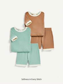 Cozy Pixies Baby Boy Snug Fit Color Block Round Neck Short Sleeve Top And Casual Shorts Homewear Set Of 4 Pieces Matching Set - Green - View 1