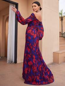 SUPGIR Random Cut Floral Watercolor Print V-Neckline, Crystal-Embellished Pleated Modest Long Sleeve Dress With Off-Shoulder Design - Red - View 3