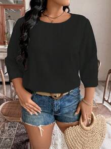 SHEIN LUNE Áo sơ mi hàng ngày đơn giản màu trơn cho nữ Plus Size - màu đen - Xem 4