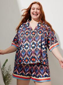 LUVLETTE Bộ đồ ngủ lụa ngắn in họa tiết cổ điển thời trang dành cho nữ Plus - Màu xanh hải quân - Xem 7