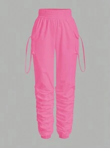 EMERY ROSE Pantalones de carga informales de cintura alta de unicolor con pliegues delanteros y pierna cónica - Rosa Fucsia - Ver 3