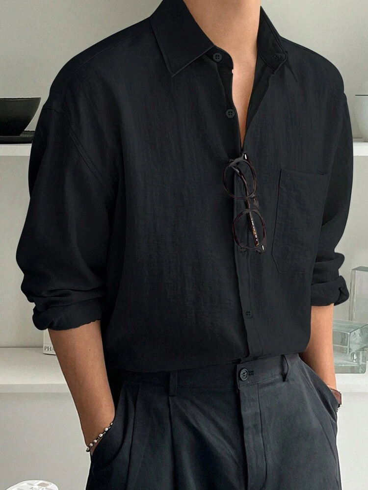 Men's Spring/Summer Solid Color Drop-Shoulder Long Sleeve Casual Shirt, Fall