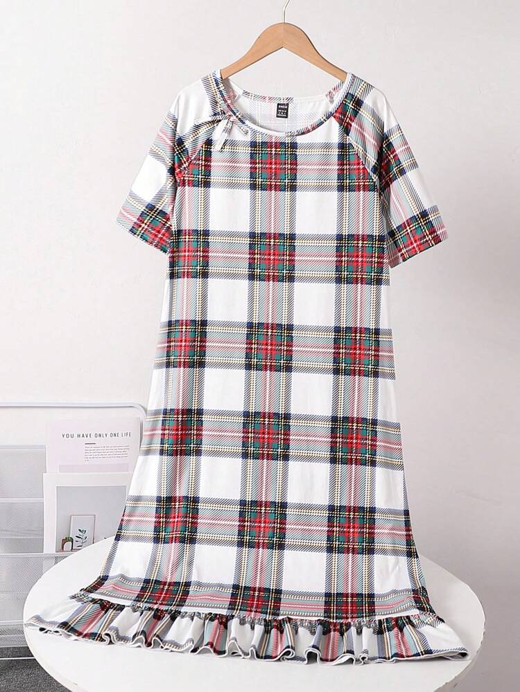 Women's Fashionable Plaid Short-Sleeved Sleepwear Dress