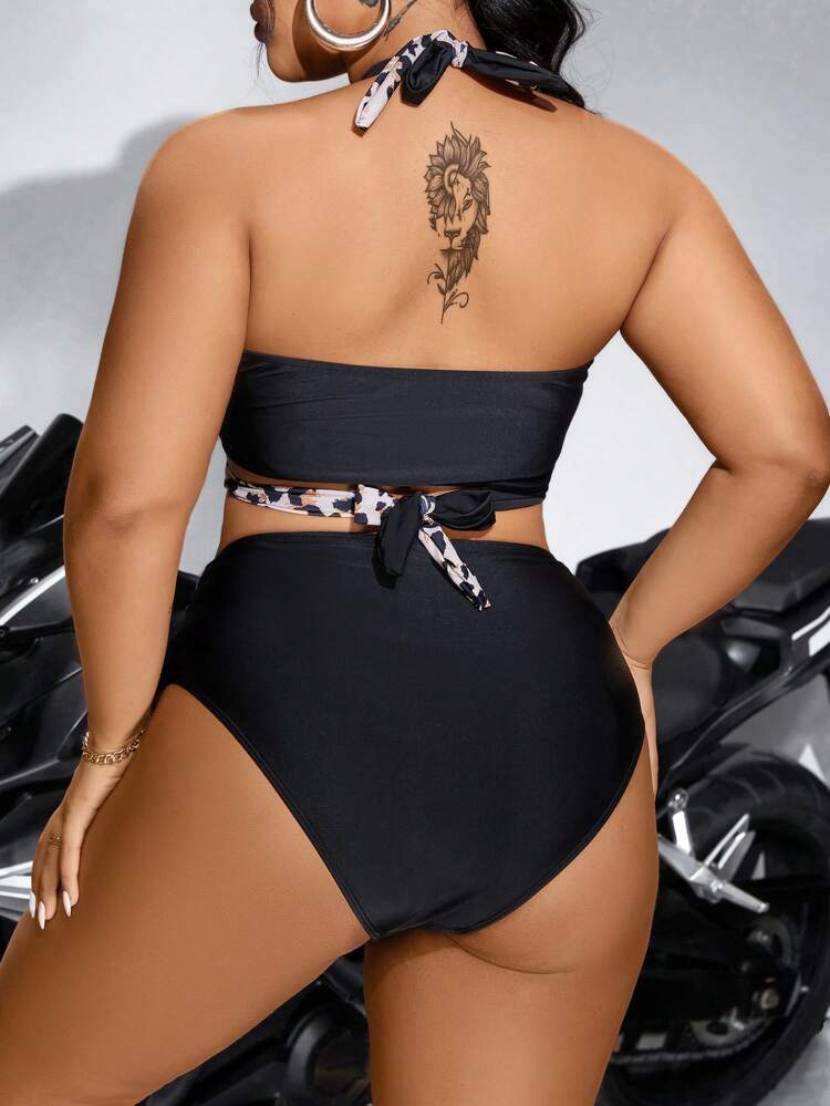 Plus Size Leopard Print Random Floral Pattern Tie Two-Piece Bikini Set, Separated Halterneck Top,Summer Beach
